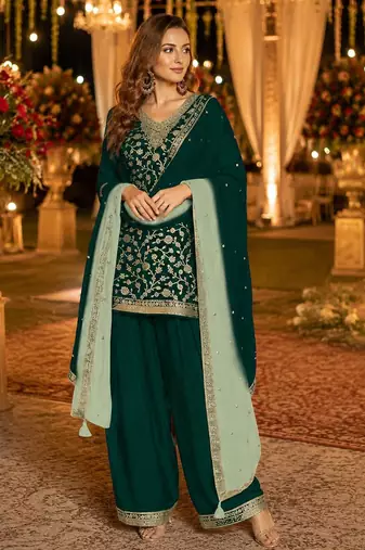 Green silk farshi salwar suit with codding dori & sequin work