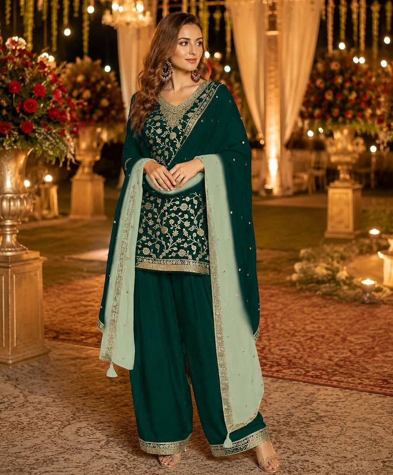 Green silk farshi salwar suit with codding dori & sequin work