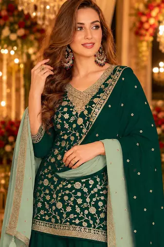 Green silk farshi salwar suit with codding dori & sequin work