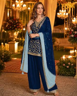 Navy blue silk farshi salwar suit with codding dori & sequin work 1
