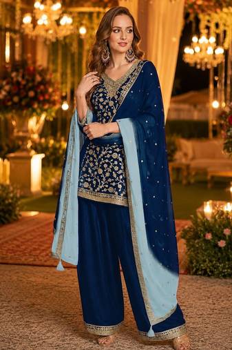 Navy blue silk farshi salwar suit with codding dori & sequin work
