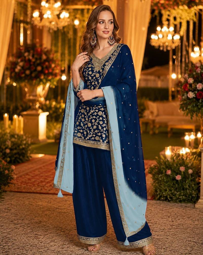Navy blue silk farshi salwar suit with codding dori & sequin work