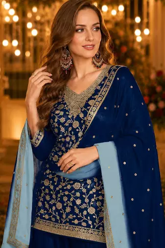 Navy blue silk farshi salwar suit with codding dori & sequin work