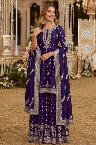 Violet heavy vichitra silk suit with sequin & multi work
