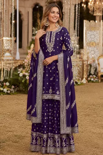 Violet heavy vichitra silk suit with sequin & multi work