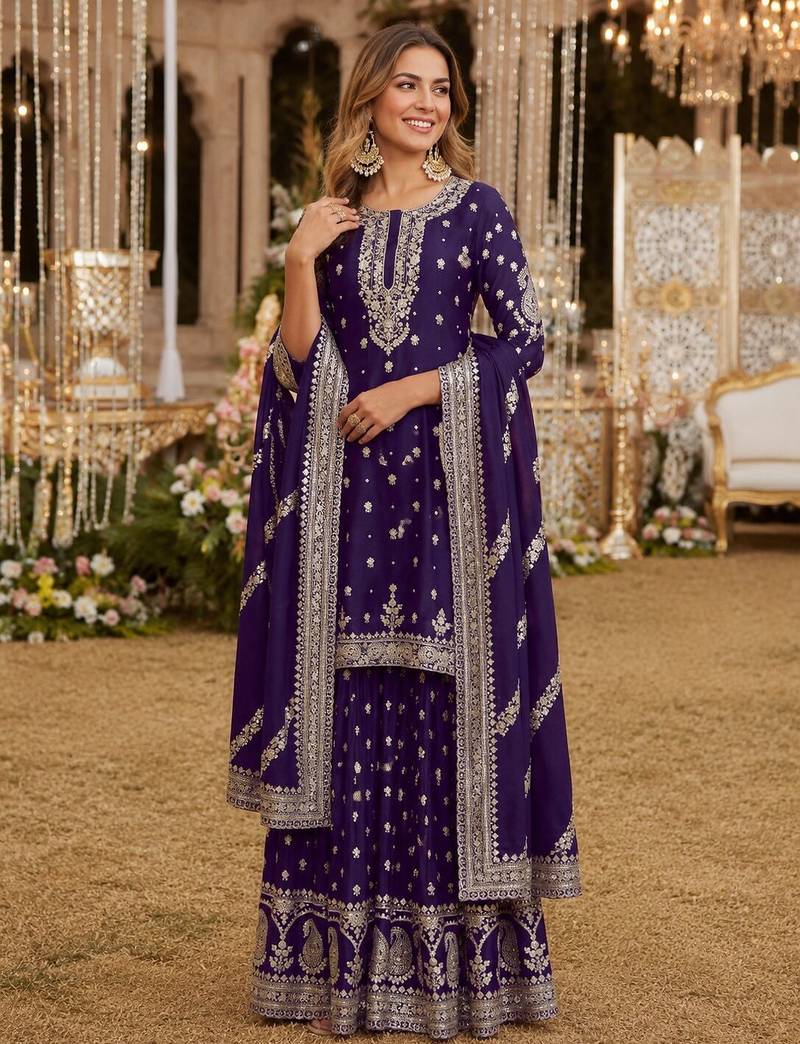 Violet heavy vichitra silk suit with sequin & multi work