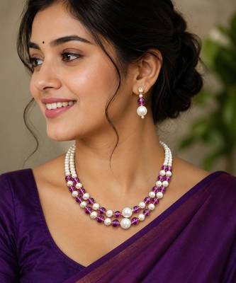 Purple color necklace set with earrings, moti & agate stone, gold plated 4