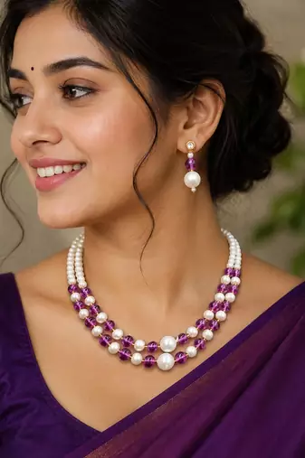 Purple color necklace set with earrings, moti & agate stone, gold plated