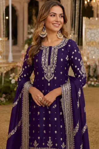 Violet heavy vichitra silk suit with sequin & multi work