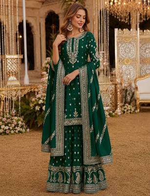 Green heavy vichitra silk suit with sequin & multi work 1