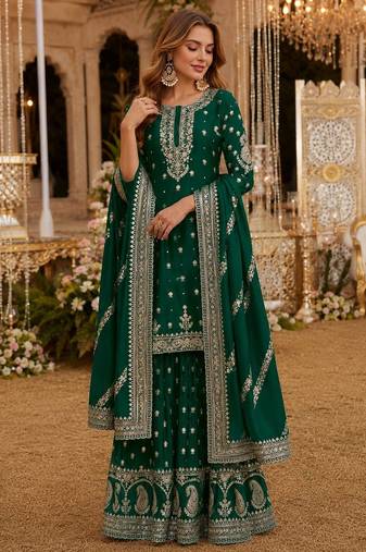 Green heavy vichitra silk suit with sequin & multi work