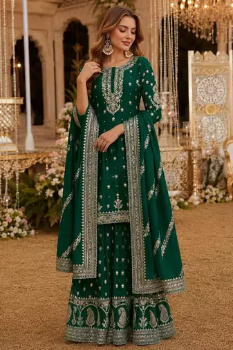 Green heavy vichitra silk suit with sequin & multi work