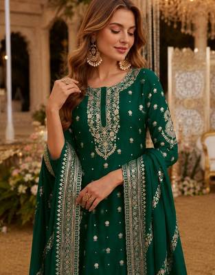 Green heavy vichitra silk suit with sequin & multi work 2
