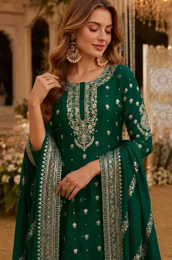 Green heavy vichitra silk suit with sequin & multi work