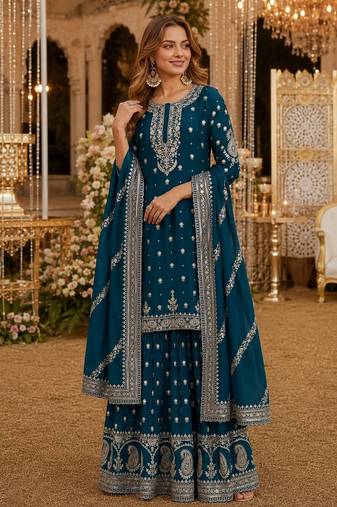 Teal heavy vichitra silk suit with sequin & multi work
