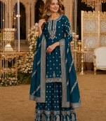 Teal heavy vichitra silk suit with sequin & multi work