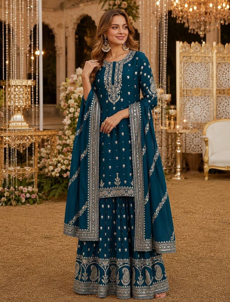 Teal heavy vichitra silk suit with sequin & multi work