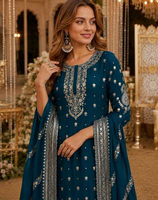 Teal heavy vichitra silk suit with sequin & multi work 2