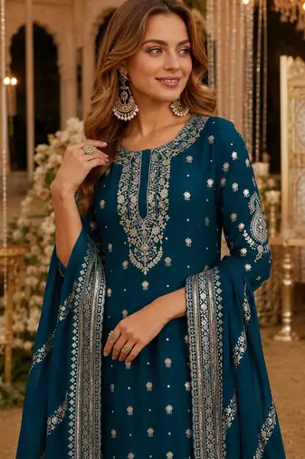 Teal heavy vichitra silk suit with sequin & multi work