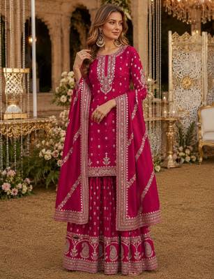 Red heavy vichitra silk suit with sequin & multi work 1
