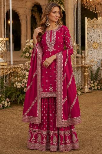 Red heavy vichitra silk suit with sequin & multi work