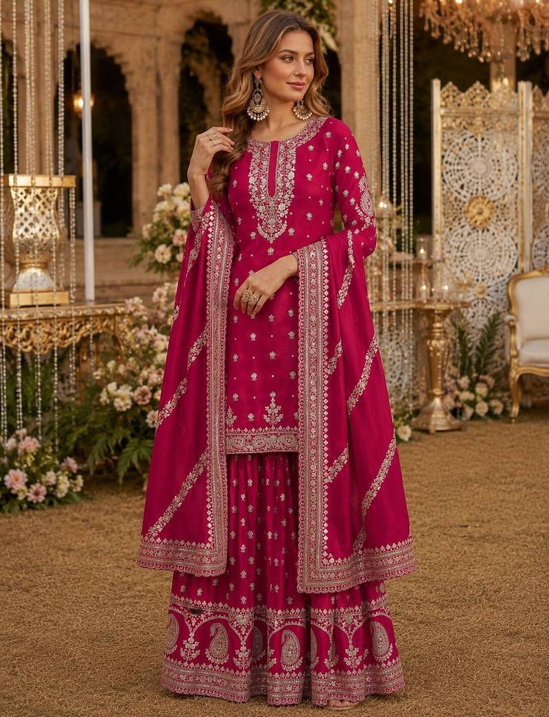 Red heavy vichitra silk suit with sequin & multi work