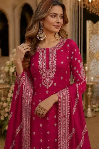 Red heavy vichitra silk suit with sequin & multi work