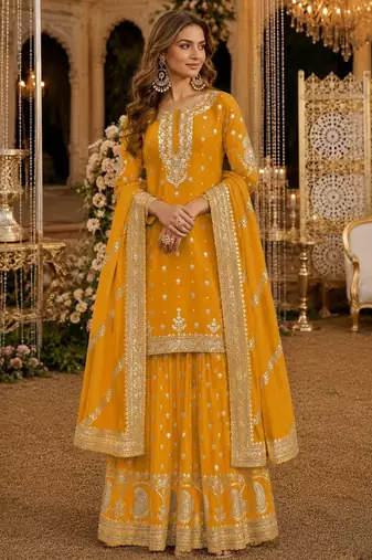Yellow heavy vichitra silk suit with sequin & multi work
