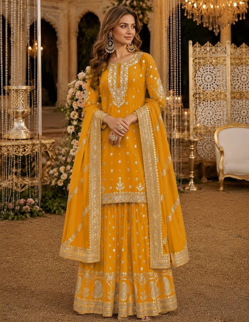 Yellow heavy vichitra silk suit with sequin & multi work