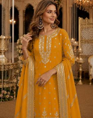 Yellow heavy vichitra silk suit with sequin & multi work 2
