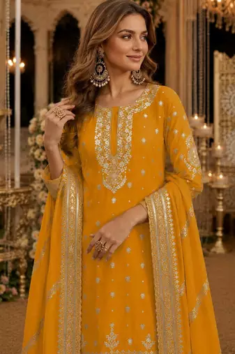 Yellow heavy vichitra silk suit with sequin & multi work