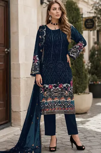 Blue embroidered faux georgette sharara suit