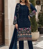 Blue embroidered faux georgette sharara suit