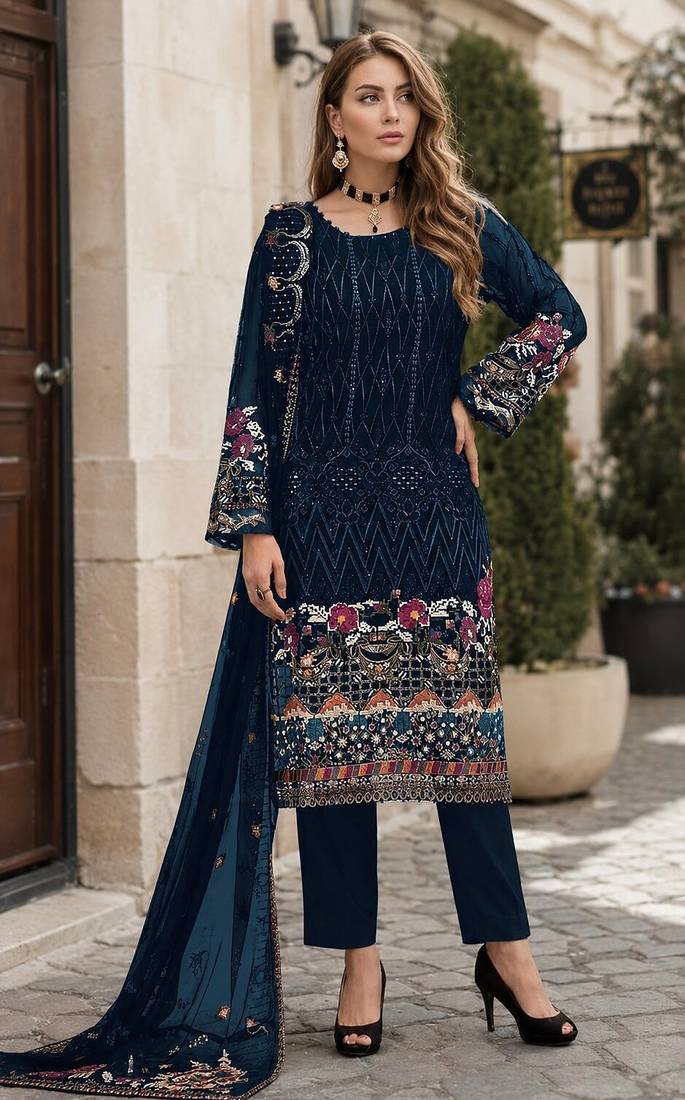 Blue embroidered faux georgette sharara suit