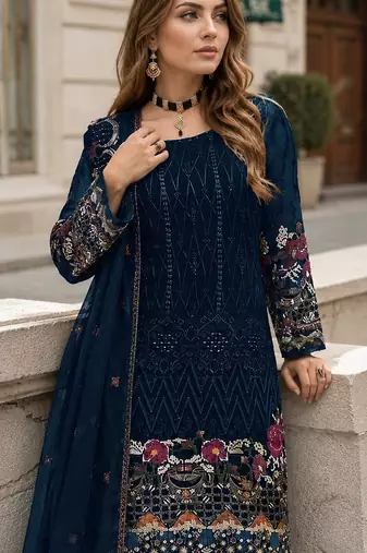 Blue embroidered faux georgette sharara suit