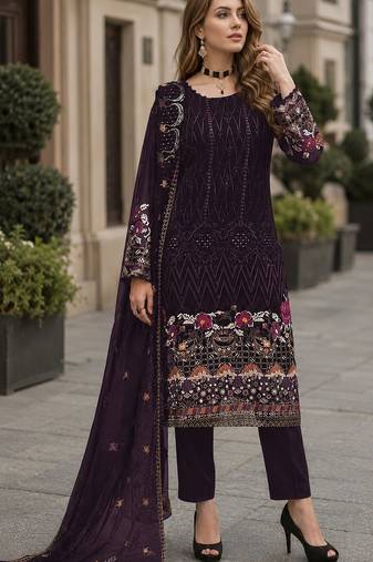 Purple embroidered faux georgette sharara suit