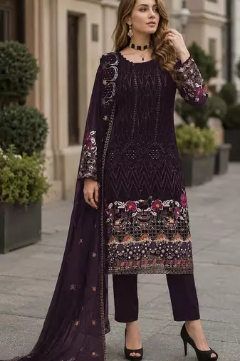 Purple embroidered faux georgette sharara suit