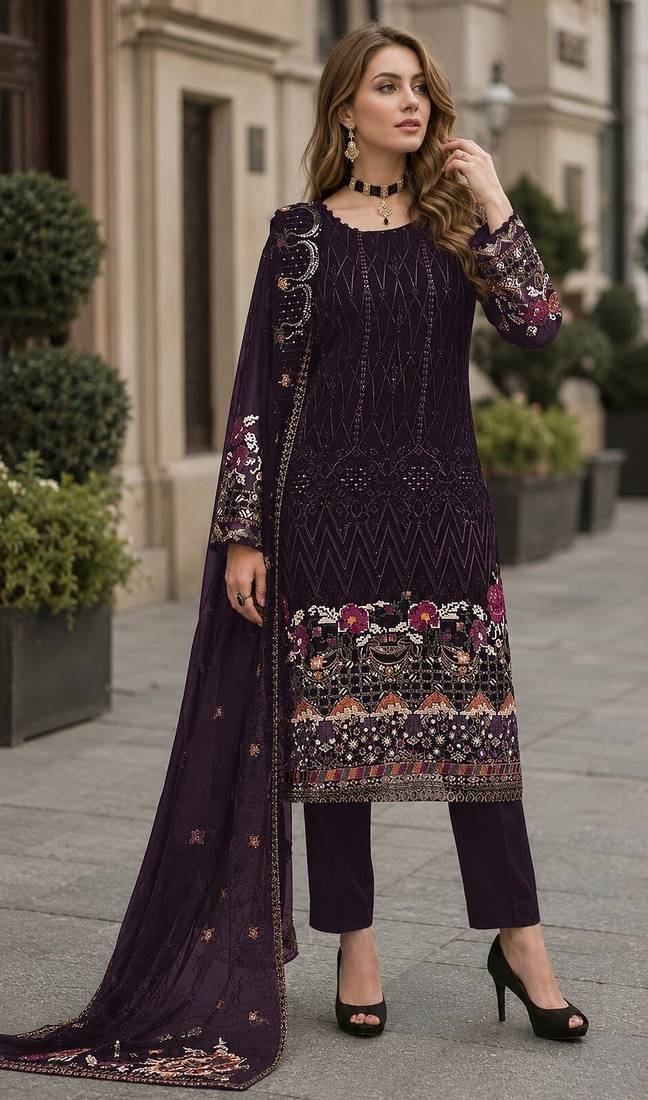 Purple embroidered faux georgette sharara suit