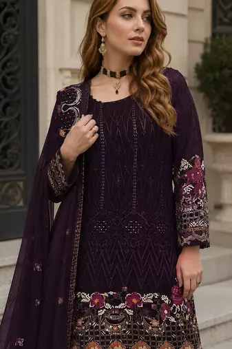 Purple embroidered faux georgette sharara suit