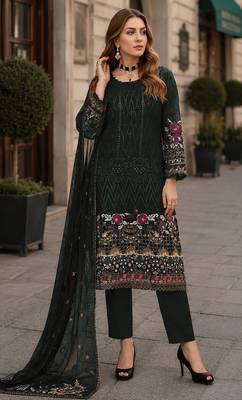 Green embroidered faux georgette sharara suit 1