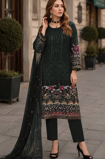 Green embroidered faux georgette sharara suit