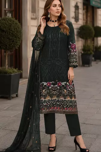 Green embroidered faux georgette sharara suit