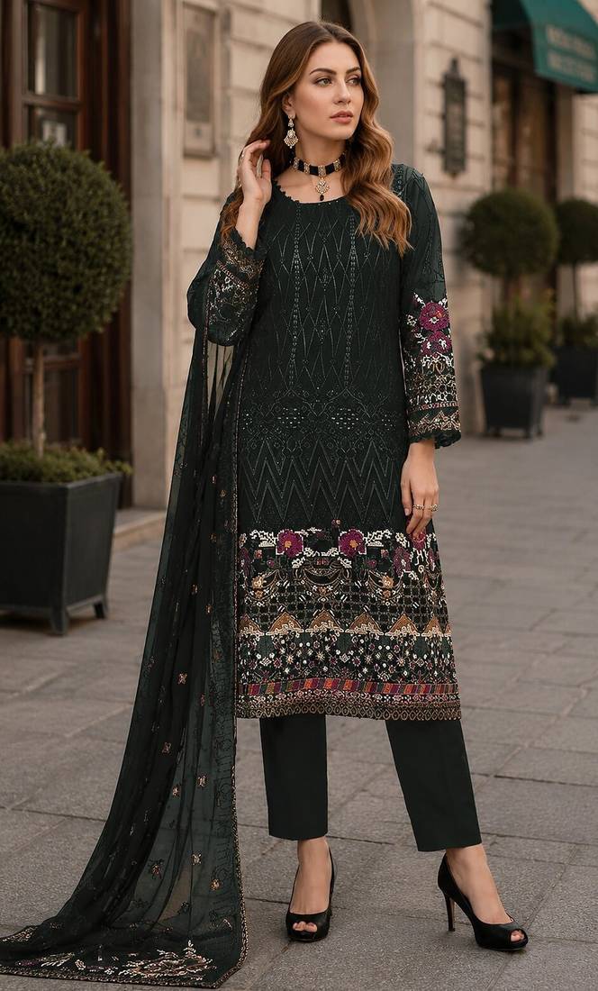Green embroidered faux georgette sharara suit