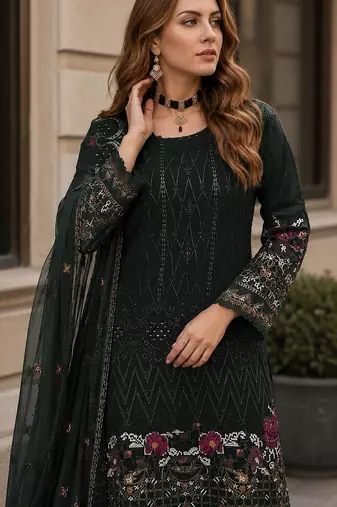 Green embroidered faux georgette sharara suit