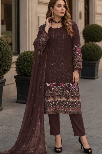 Coffee embroidered faux georgette sharara suit