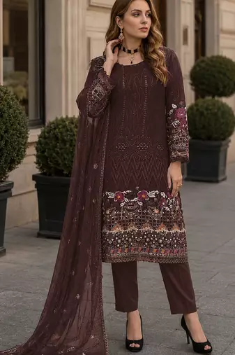 Coffee embroidered faux georgette sharara suit