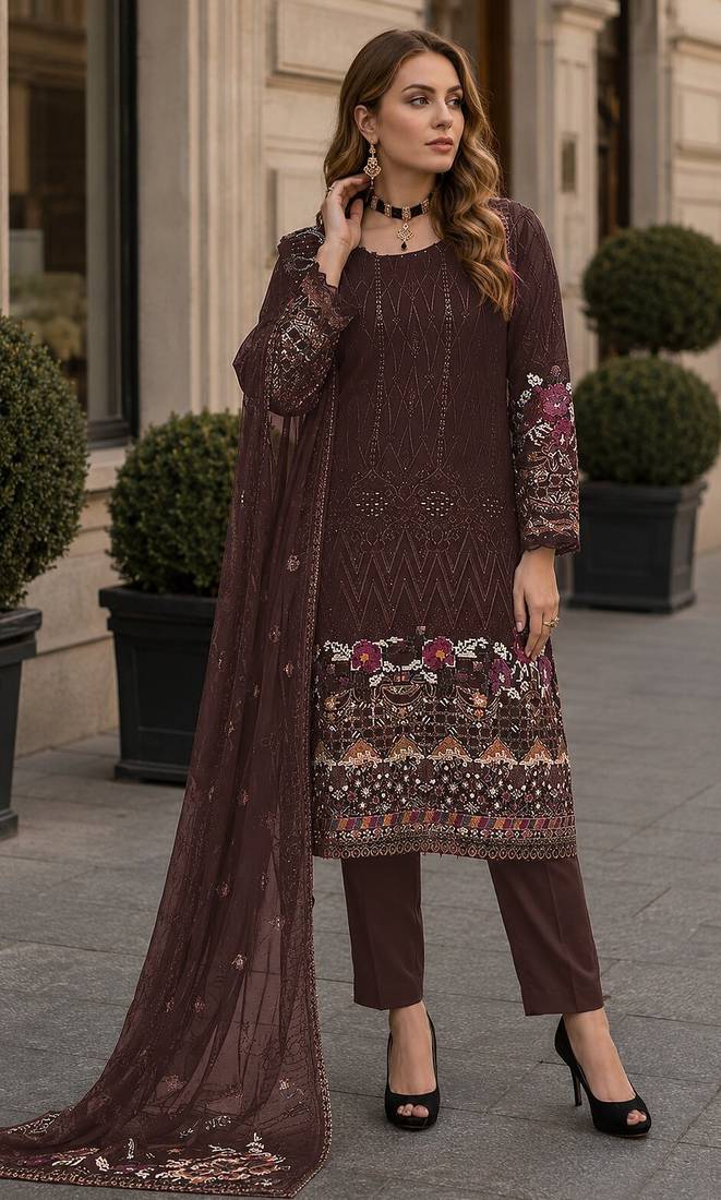 Coffee embroidered faux georgette sharara suit