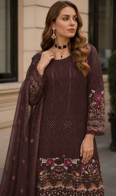 Coffee embroidered faux georgette sharara suit 2
