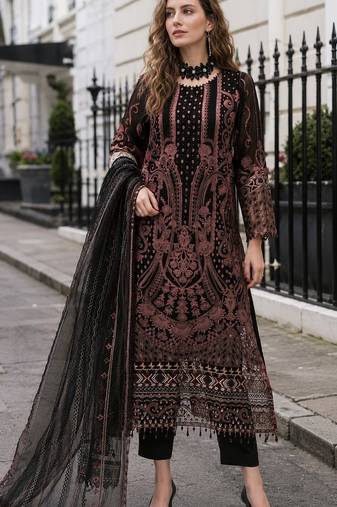 Black georgette suit with embroidered & multi thread zarkan work