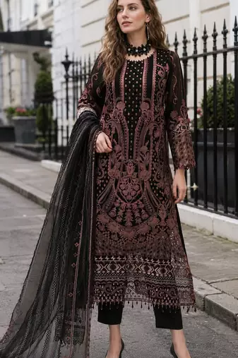 Black georgette suit with embroidered & multi thread zarkan work